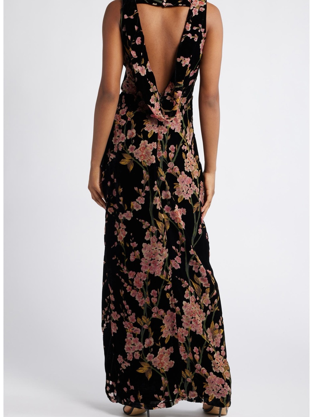 Lulu's Black Velvet Floral Backless Maxi Dress with Pink Blossoms